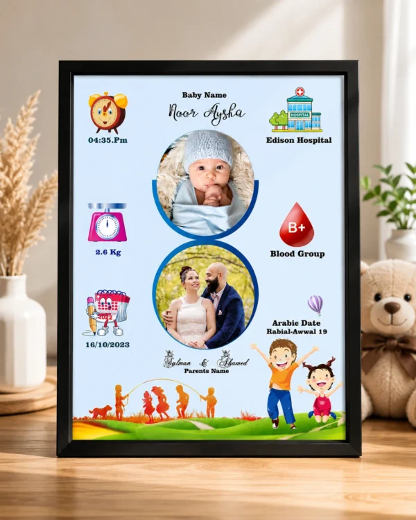 Personalized Baby Birth Details Photo Frame with Name, Date & Photo | Custom Newborn Gift