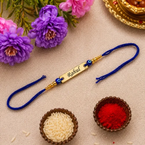 Evil Eye Rakhi with Name – Personalized Blue Thread Rakhi for Brother