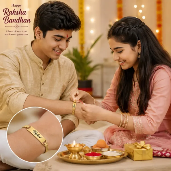Personalized Name Rakhi for Brother – Gold-Tone Designer Rakhi with Name Engraving