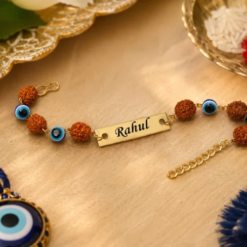 Rudraksha Evil Eye Rakhi for Brother – Personalized Name Plate Rakhi Rudraksha Evil Eye Rakhi for Brother – Personalized Name Plate Rakhi