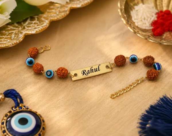Rudraksha Evil Eye Rakhi for Brother – Personalized Name Plate Rakhi