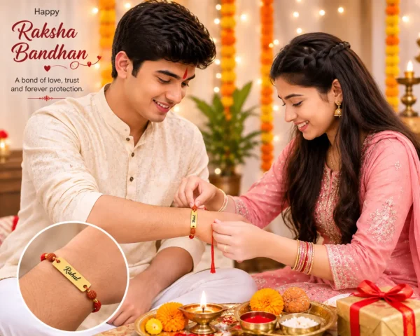 Rudraksha Rakhi with Name – Personalized Gold-Tone Name Plate Rakhi