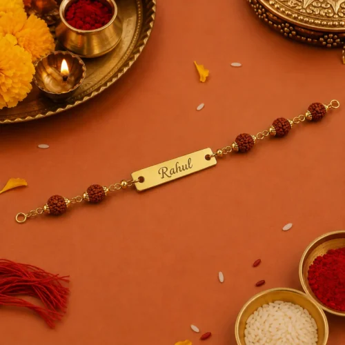 Rudraksha Rakhi with Name – Personalized Gold-Tone Name Plate Rakhi