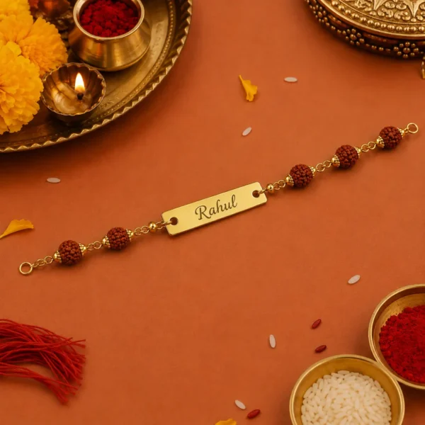 Rudraksha Rakhi with Name – Personalized Gold-Tone Name Plate Rakhi